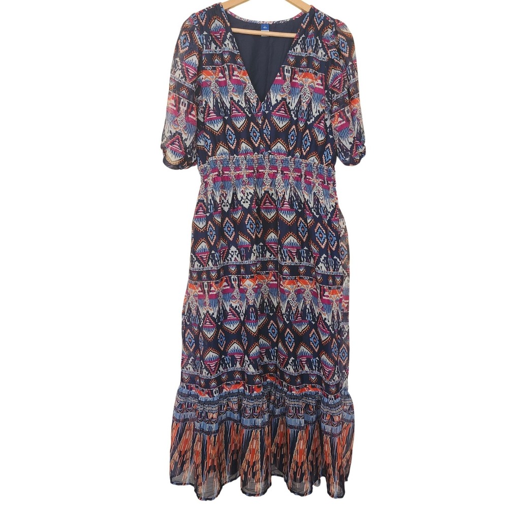 Old Navy Maxi Dress Women Large Tall Blue Geometric Tribal Smocked Tiered V-Neck
